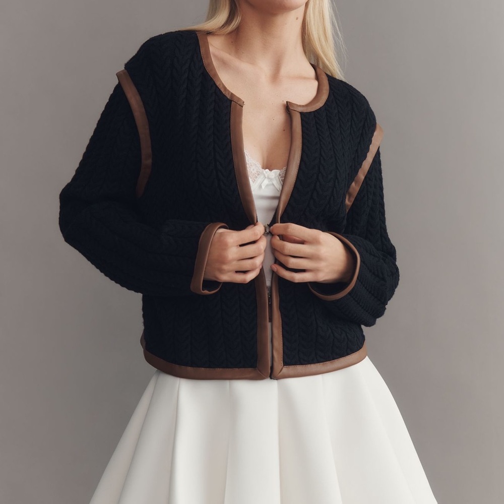 Anthropologie Black Cable Knit Cardigan with faux leather Brown Trim